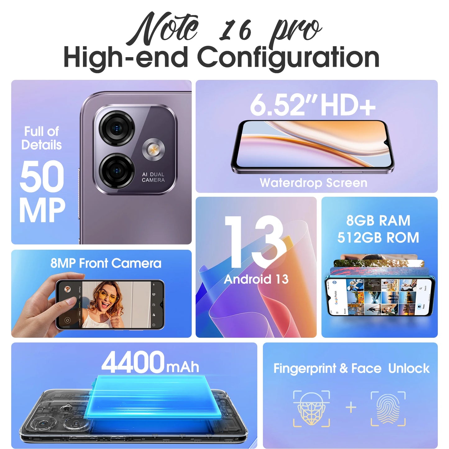 Ulefone Note 16 Pro Up to 16GB RAM  512GB ROM Android 13 Global Version 50MP 6.52 inch 4400mAh GPS  4G Cellula