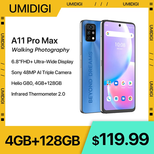 [In Stock] UMIDIGI A11 Pro Max Global Version Android Smartphone 6.8" FHD+ Display 128GB Helio G80 48MP Triple Camera 5150mAh